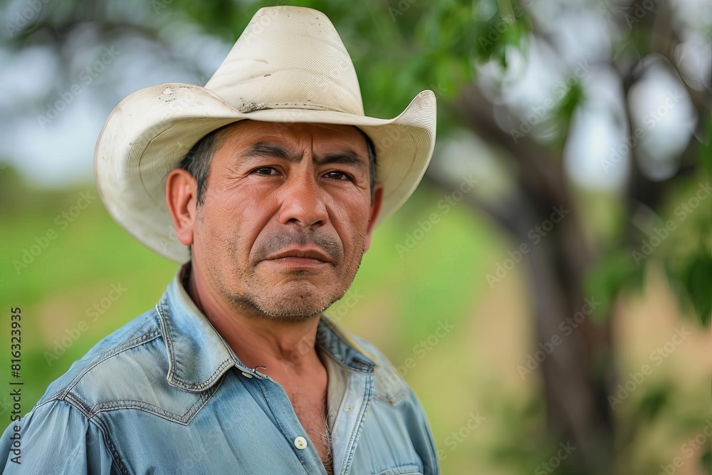 rugged hispanic male farmworker in cowboy hat gazing at camera authentic rural portrait