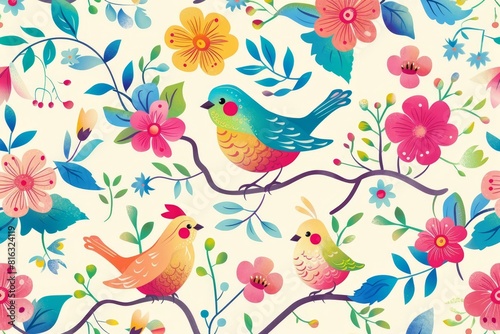 seamless floral pattern with colorful birds and delicate flowers vector illustration