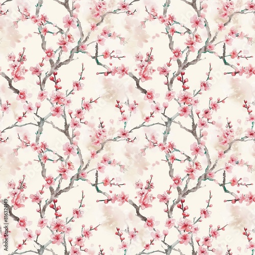 Plum blossom, plum blossom tree, plum blossom leaf Seamless fabric watercolor textile fashion background