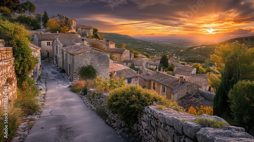 The warm glow of sunset bathes an old Tuscan village  with its historic stone buildings and rolling hills in the background. Resplendent.