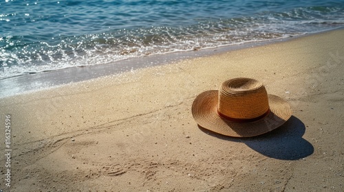 The hat rests on the sandy beach by the waters edge, under the warm sunlight. The fluid waves gently kiss the shore, creating a peaceful landscape with a wooden horizon AIG50