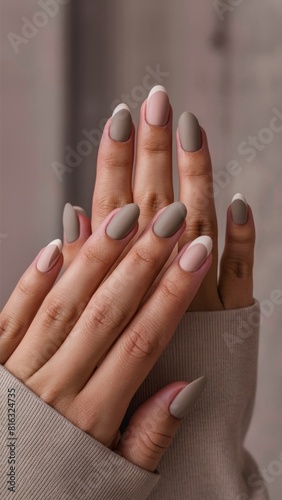 Stylish two-tone matte nail art featuring alternating shades of gray and pink on elegant oval shaped nails.
