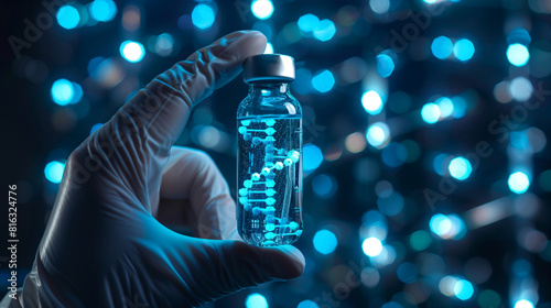 Closeup on a hand holding a DNA in a capsule bottle with metal lid with blue lights in the background and space for text