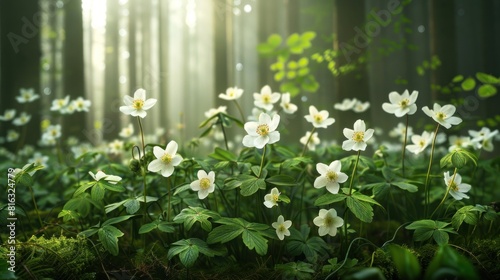 View of nemorosa anemones growing in the spring forest. photo