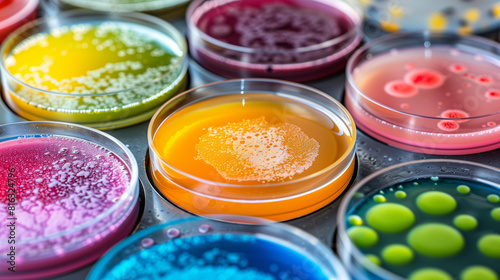 Closeup on colorful petri dishes with different kinds of bacteria or viruses on a lab table