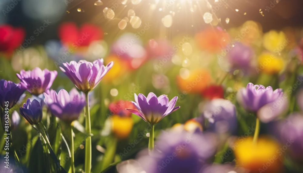 Colorful spring flowers in the garden with beautiful bokeh, ai