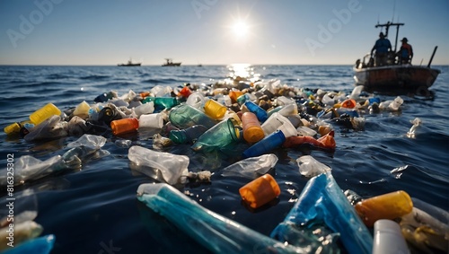 Plastic waste floating in the ocean with a blurred fishing boat and blue sky in the background.