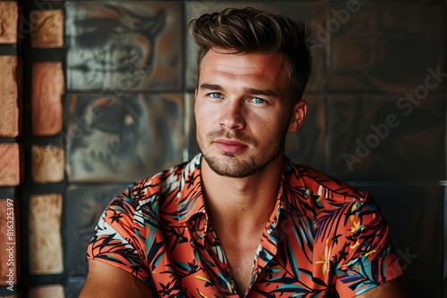 stylish halfbody portrait of confident man in bold patterned shirt vibrant fashion photography