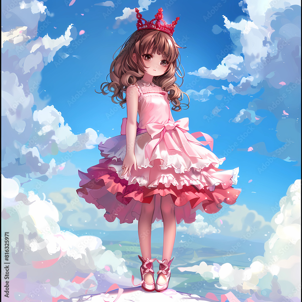 Fototapeta premium Anime style illustration of girl with crown in pink dress with blue sky background