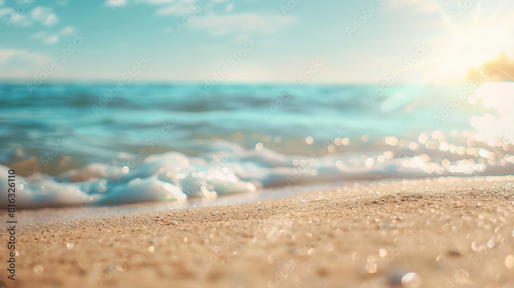 Close up shot of foaming sea wave and sand with beautiful blurred sunny beach background Close up shot of foaming sea wave and sand with beautiful blurred sunny beach background