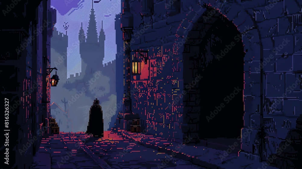 A dark and mysterious alleyway, lit only by a single lamp. A figure ...