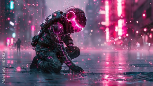a virtual ascii wanderer with neon pink streaks in his hair, dressed in a fragmented data suit, Digital bird flying through data storm, Abstract cybernetic design background, pixel fragmented photo