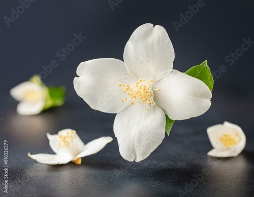 Jasmine bloom. A beautifull white flower of Jasmine falling in the air isolated