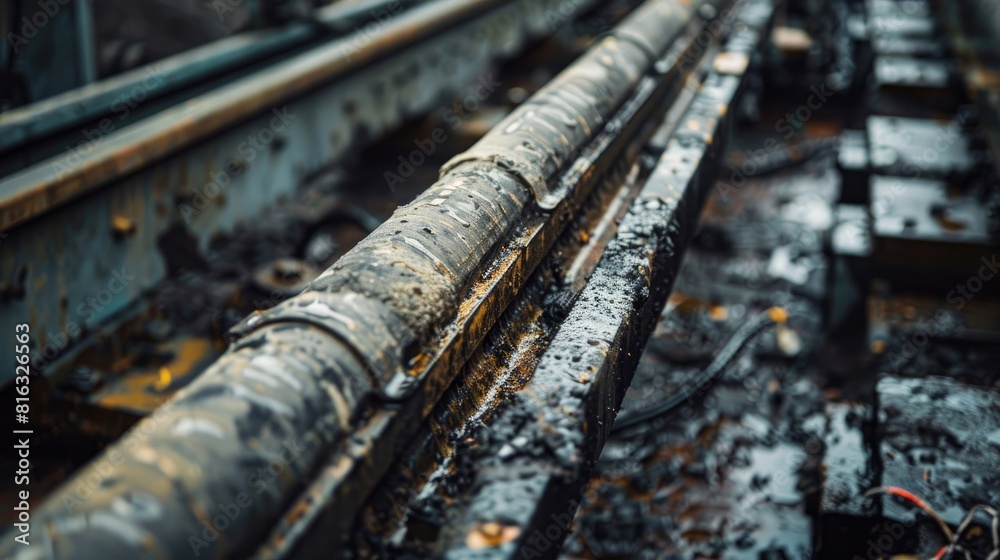 Close up view of a dirty power cable in a cable tray Installing