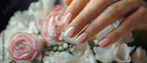 natural french manicure in a luxury salon, comfort, professionalism, flower for atmosphere