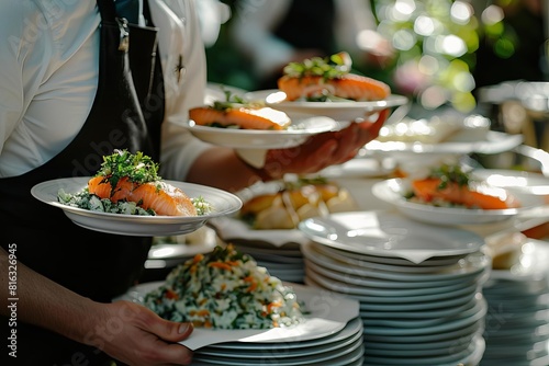 waiter carrying fish dish plates festive event party or wedding reception restaurant setting photography photo