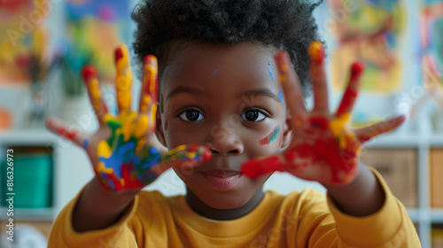 cheerful African-American kindergarten boy  big black eyes open  colorful paint stuck to hands  painting curiously with fingers  bright room