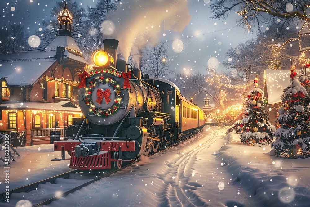 Traditional Christmas Scene: A Steam Locomotive at a Winter Wonderland Station Traditional Christmas Scene: A Steam Locomotive at a Winter Wonderland Station