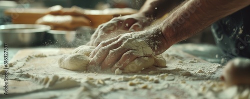 Artisan baker kneading dough by hand © Denys