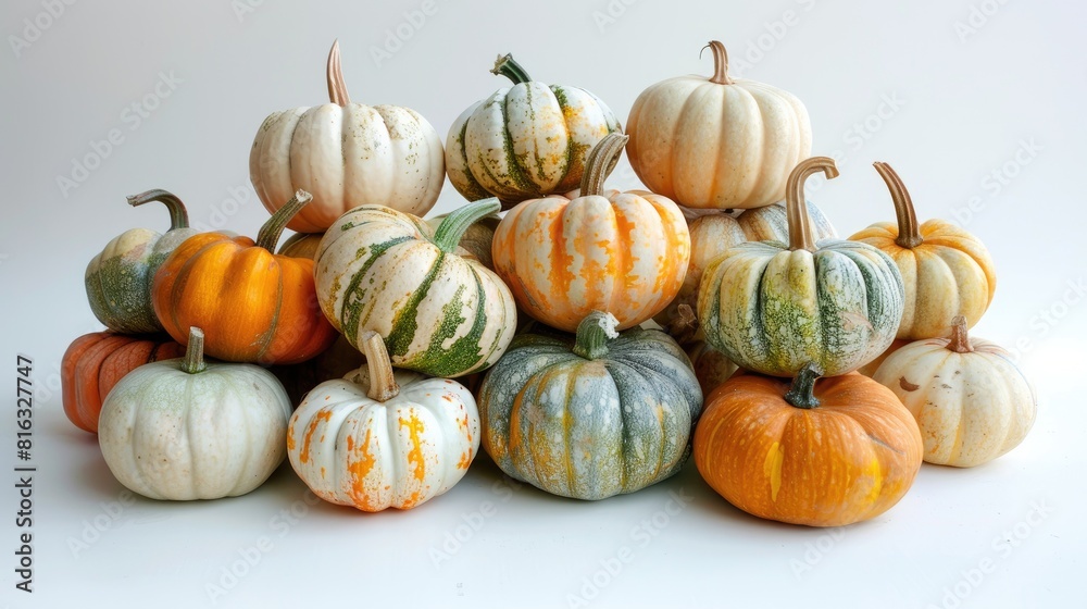 Pumpkins stacked for fall decor on white surface Pumpkins stacked for fall decor on white surface
