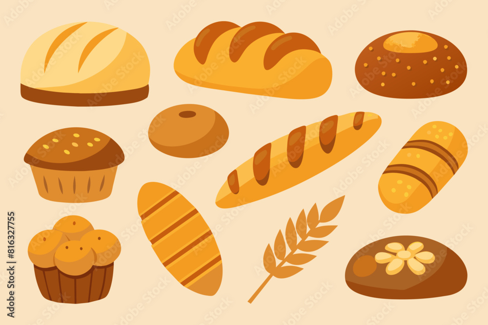 A set of cakes, . Bread, baguettes, rolls, pastries and other baked goods. Concept for bakery or cafe menu design Silhouette Design with white Background and Vector Illustration on white background A set of cakes, . Bread, baguettes, rolls, pastries and other baked goods. Concept for bakery or cafe menu design Silhouette Design with white Background and Vector Illustration on white background