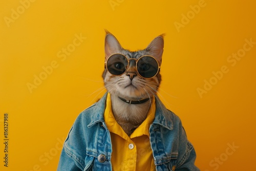 Fashionable Cat: A Style Icon in a Yellow Jacket and Sunglasses © graphic