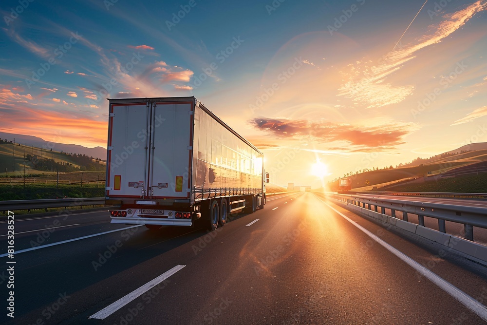 Sunset on a Highway with Truck Trailer