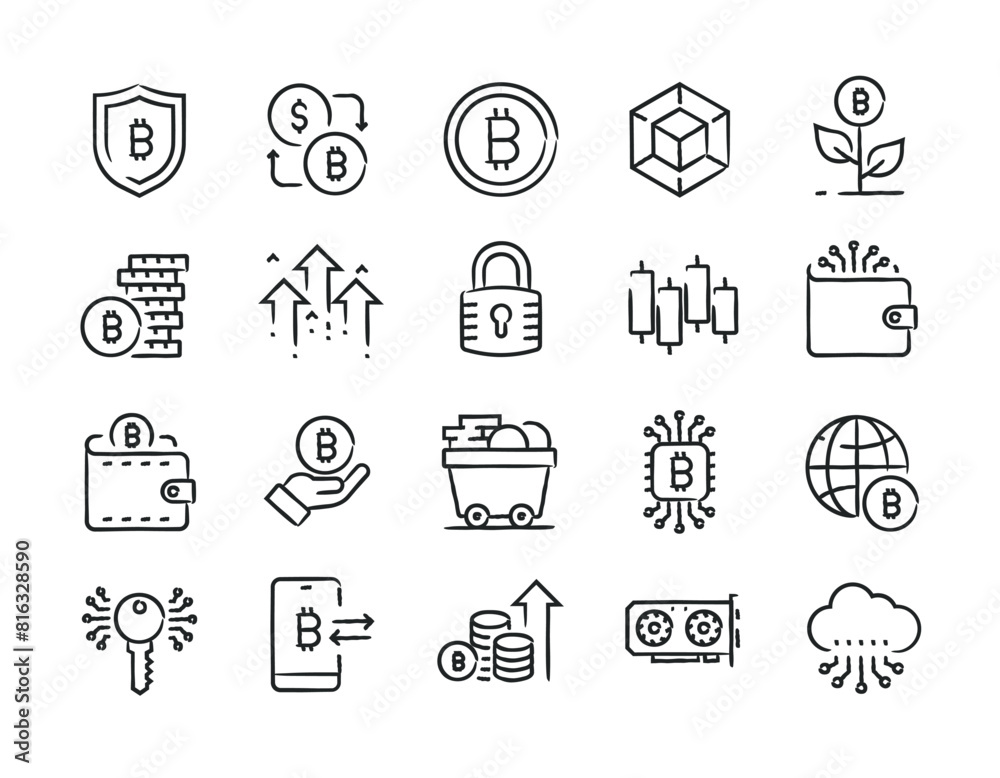 Cryptocurrency hand drawn doodle sketch style line icons. Vector illustration. Cryptocurrency hand drawn doodle sketch style line icons. Vector illustration.