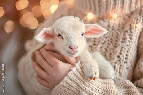 Baby Lamb in Winter Knitwear, Being Cuddled by a Human Hand