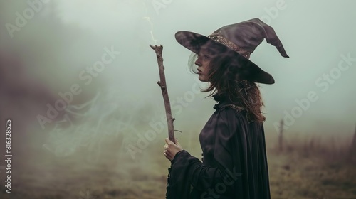 A vintagestyle portrait of a person dressed as a witch, complete with a highcollared cape and holding a mystical staff, set against a foggy background, Close up photo