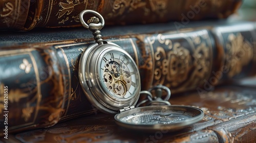 A vintage silver pocket watch opened to reveal its delicate inner mechanisms, set against a background of old leather books, Close up photo