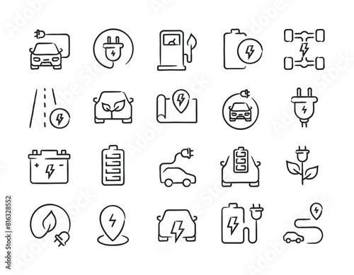 Electric car hand drawn doodle sketch style line icons. Vector illustration.