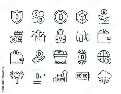 Cryptocurrency hand drawn doodle sketch style line icons. Vector illustration.