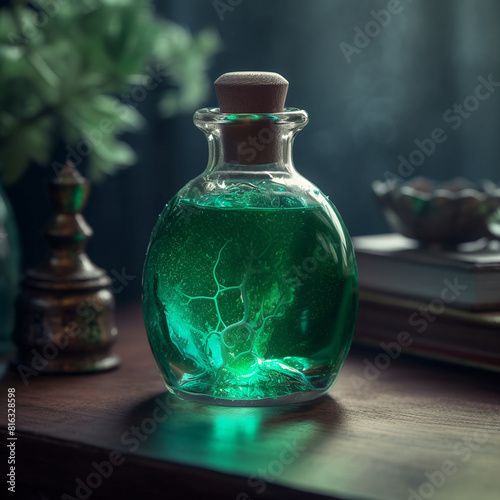 potion bottle with green elixir generative ai photo