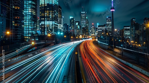 Bustling Cityscape at Night with Moving Traffic