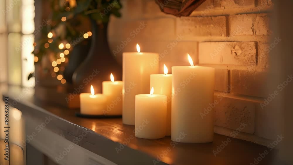 Decorative candles line the mantel casting flickering shadows and adding an extra layer of ambiance to the space. . Decorative candles line the mantel casting flickering shadows and adding an extra layer of ambiance to the space. .