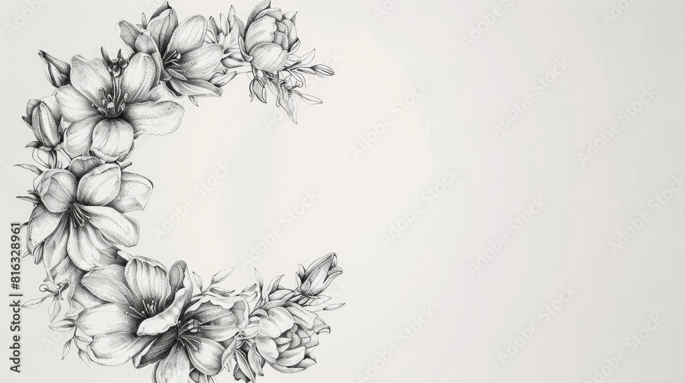 Fototapeta premium Elegant floral frame in a circular design Hand drawn with a pencil Presentation template