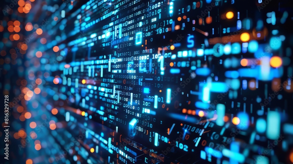 Binary code on a computer screen with a blue background and orange highlights. Binary code on a computer screen with a blue background and orange highlights.