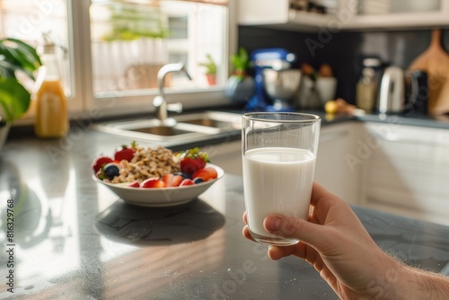a glass of milk with a healthy breakfast bowl  photo