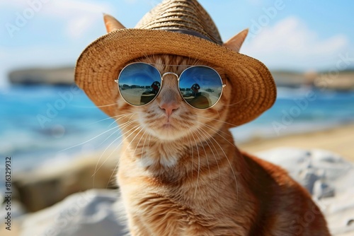 Chill Cat in Sunglasses and Floppy Hat at the Beach