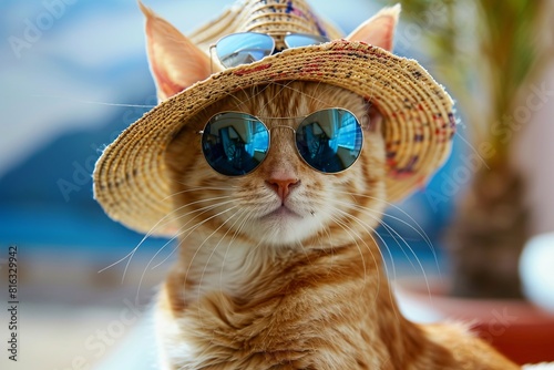 Fashionable Feline: A Cat in a Sunhat and Sunglasses