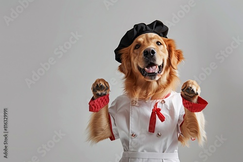 Adorable Dog Dressed as Chef in Red Hat and Apron