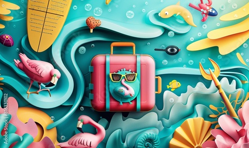 Vibrant Underwater Scene with Travel-themed Elements