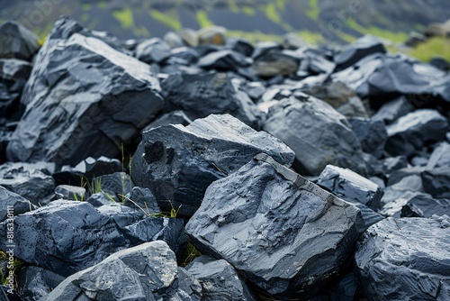 A Pile of Rough, Dark Grey Rocks in an Outdoor Setting