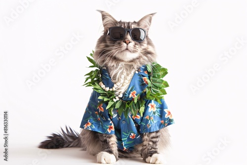 Feline Vacationer: Adventure Cat in Hawaiian Attire