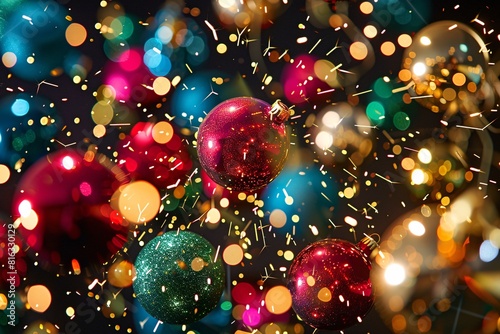 Sparkling Christmas Celebration with Colorful Ornaments and Bubbling Confetti