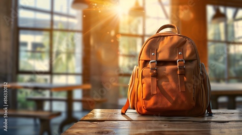Stylish Backpack Resting on a Table in a Sunlit Room