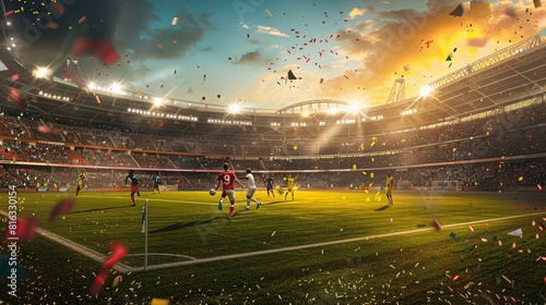 Celebratory Football Stadium with Confetti in the Air
