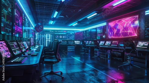 dark room with blue and pink neon lights. There are several computers and a large screen on the wall.