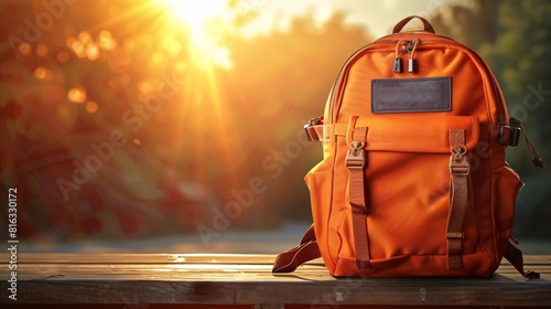 Vibrant Orange Backpack on a Bench at Sunset